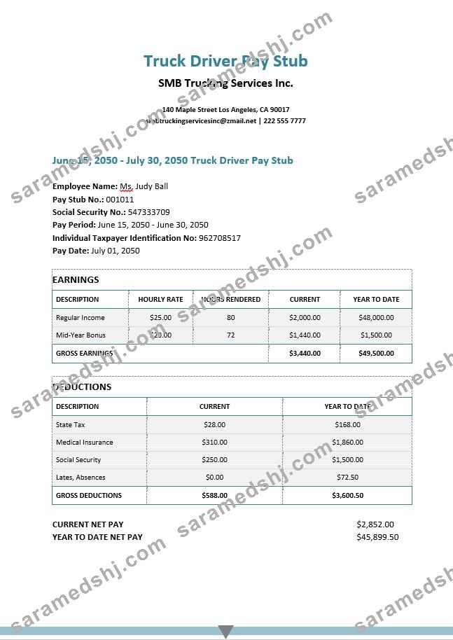 SMB trucking services Inc. pay stub in PDf and Word formats